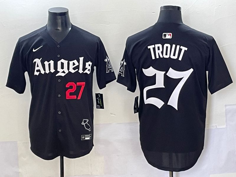 Men 2025 Los Angeles Angels #27 Trout Black Five generations Joint Name Nike MLB Jersey style 5->los angeles angels->MLB Jersey